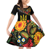 Petrykivka Ukrainian Folk Pattern Family Matching Off Shoulder Short Dress and Hawaiian Shirt Golden Trident With Map