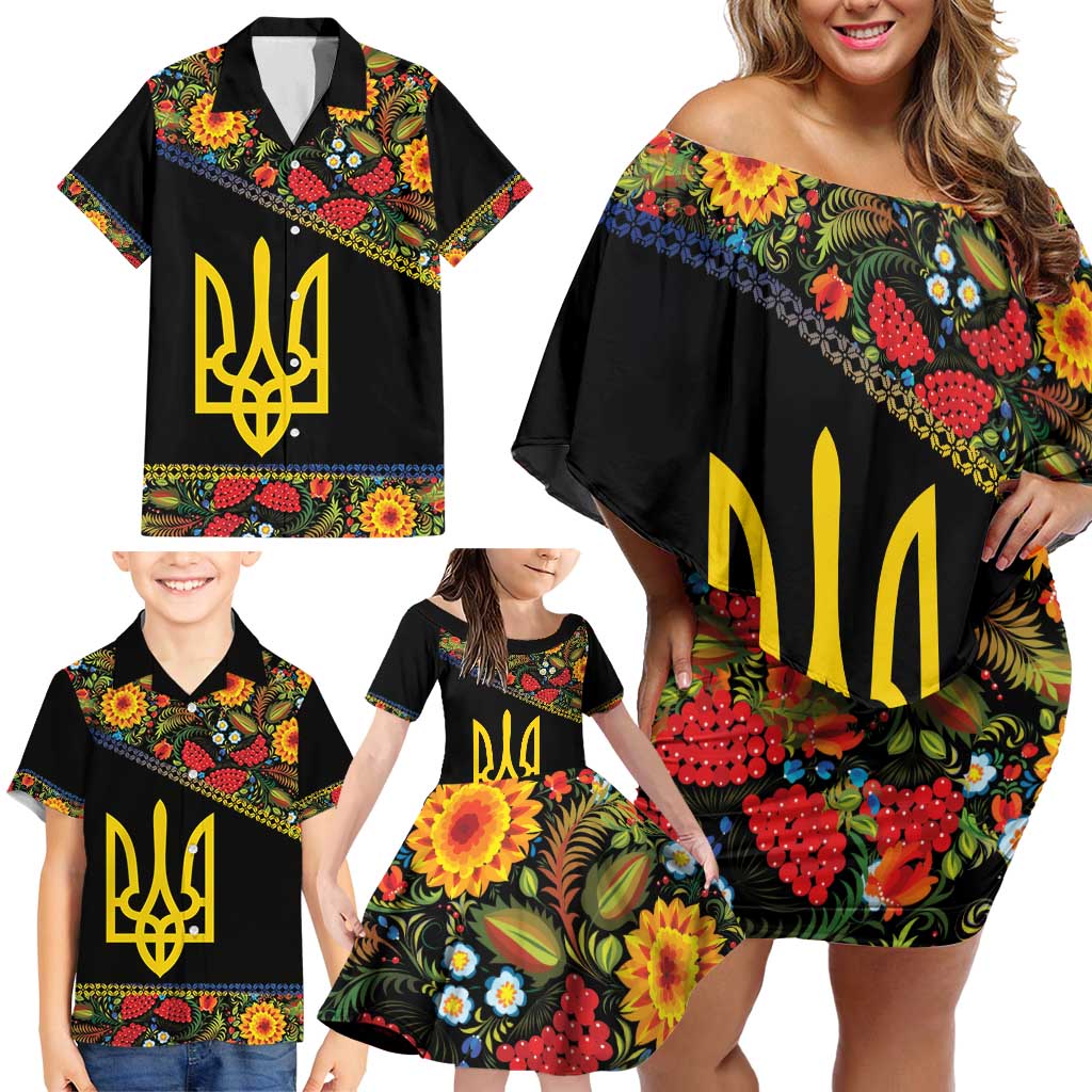 Petrykivka Ukrainian Folk Pattern Family Matching Off Shoulder Short Dress and Hawaiian Shirt Golden Trident With Map