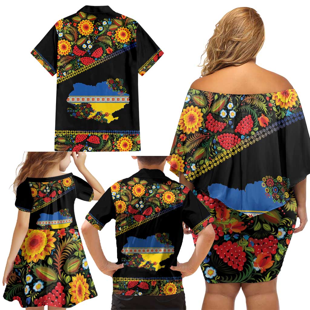 Petrykivka Ukrainian Folk Pattern Family Matching Off Shoulder Short Dress and Hawaiian Shirt Golden Trident With Map