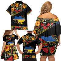 Petrykivka Ukrainian Folk Pattern Family Matching Off Shoulder Short Dress and Hawaiian Shirt Golden Trident With Map