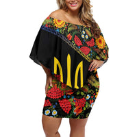 Petrykivka Ukrainian Folk Pattern Family Matching Off Shoulder Short Dress and Hawaiian Shirt Golden Trident With Map