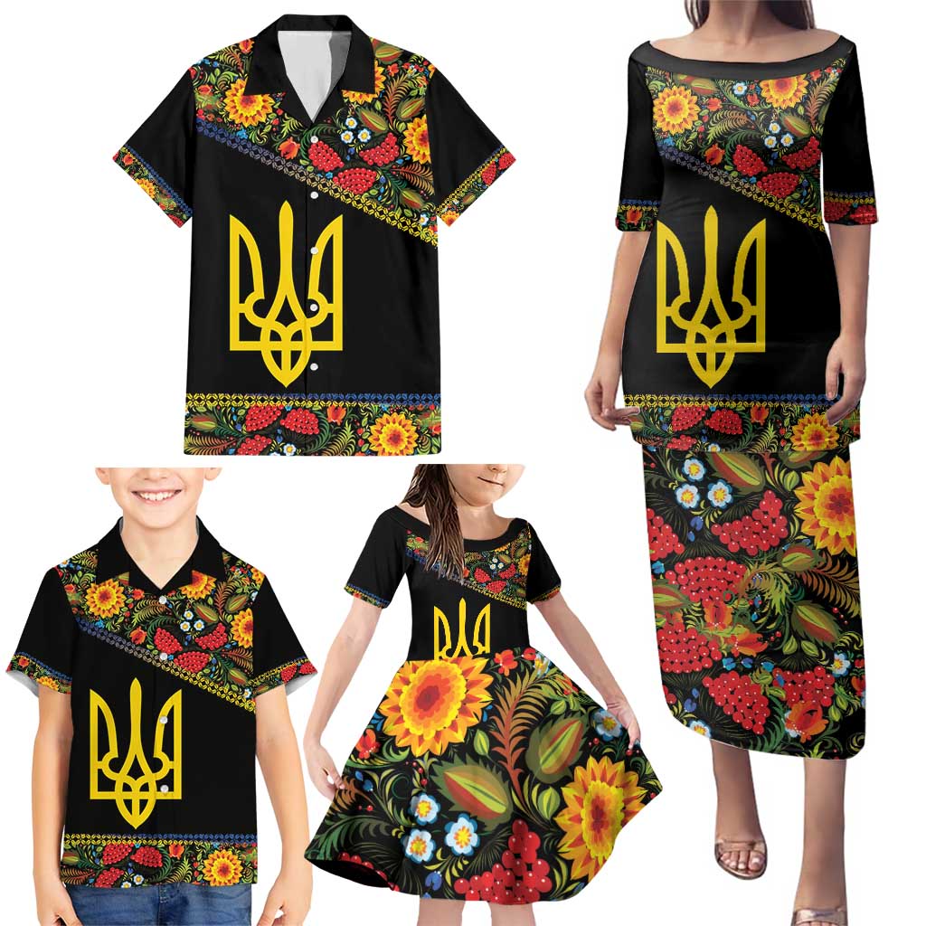 Petrykivka Ukrainian Folk Pattern Family Matching Puletasi and Hawaiian Shirt Golden Trident With Map