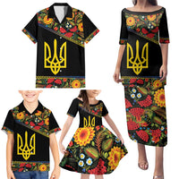 Petrykivka Ukrainian Folk Pattern Family Matching Puletasi and Hawaiian Shirt Golden Trident With Map
