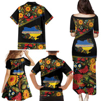 Petrykivka Ukrainian Folk Pattern Family Matching Puletasi and Hawaiian Shirt Golden Trident With Map