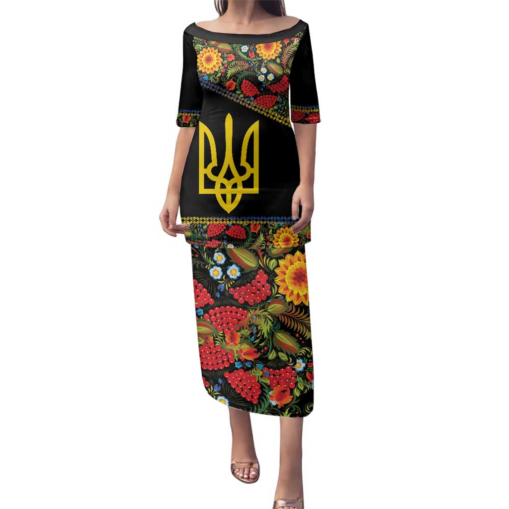 Petrykivka Ukrainian Folk Pattern Family Matching Puletasi and Hawaiian Shirt Golden Trident With Map