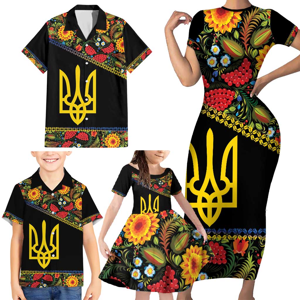 Petrykivka Ukrainian Folk Pattern Family Matching Short Sleeve Bodycon Dress and Hawaiian Shirt Golden Trident With Map