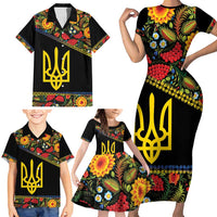 Petrykivka Ukrainian Folk Pattern Family Matching Short Sleeve Bodycon Dress and Hawaiian Shirt Golden Trident With Map