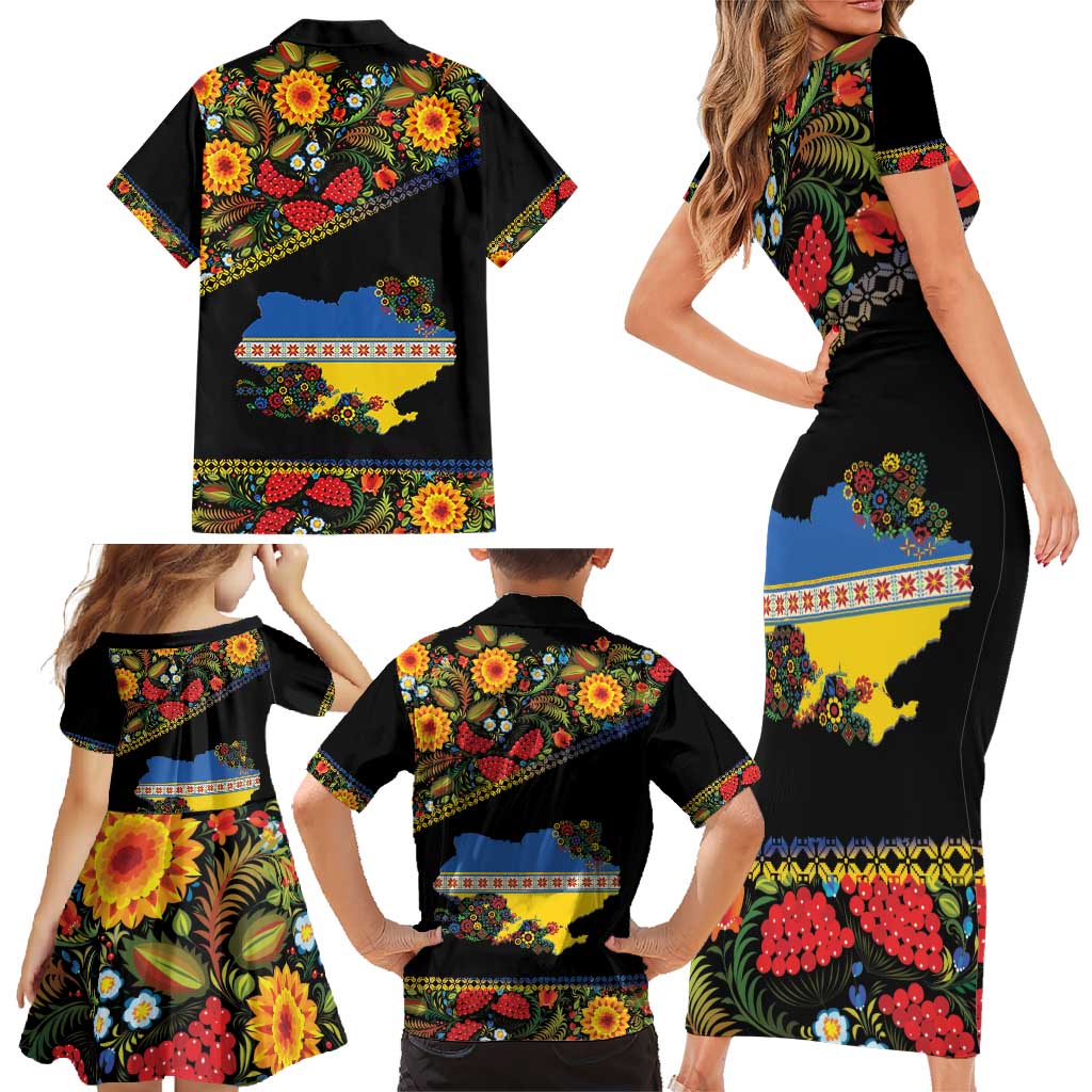 Petrykivka Ukrainian Folk Pattern Family Matching Short Sleeve Bodycon Dress and Hawaiian Shirt Golden Trident With Map