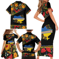 Petrykivka Ukrainian Folk Pattern Family Matching Short Sleeve Bodycon Dress and Hawaiian Shirt Golden Trident With Map