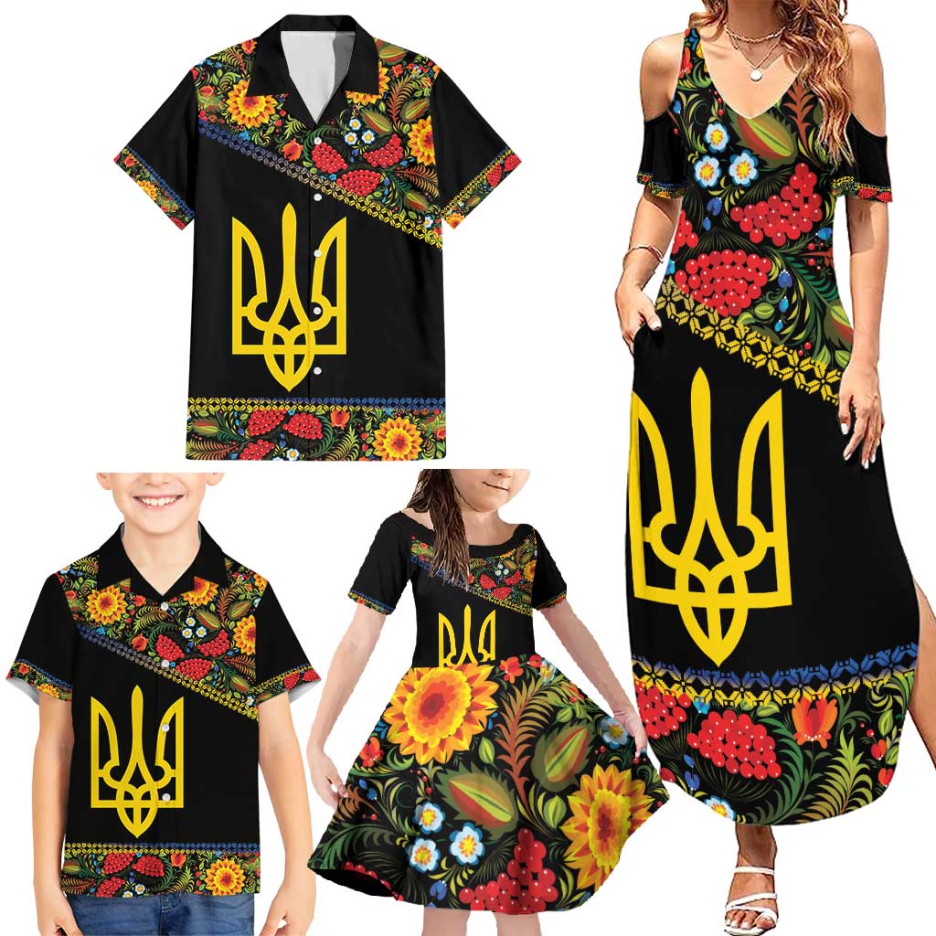 Petrykivka Ukrainian Folk Pattern Family Matching Summer Maxi Dress and Hawaiian Shirt Golden Trident With Map