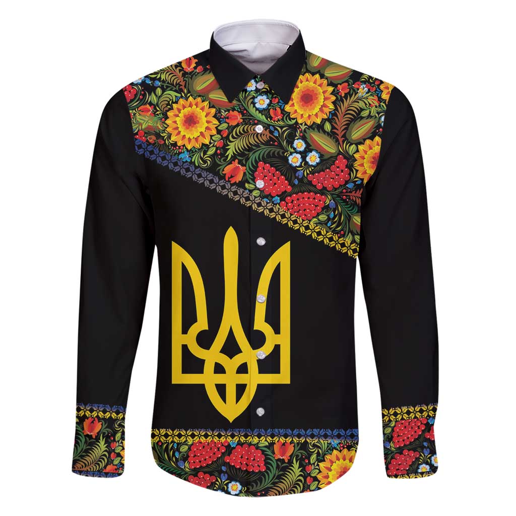 Petrykivka Ukrainian Folk Pattern Family Matching Summer Maxi Dress and Hawaiian Shirt Golden Trident With Map