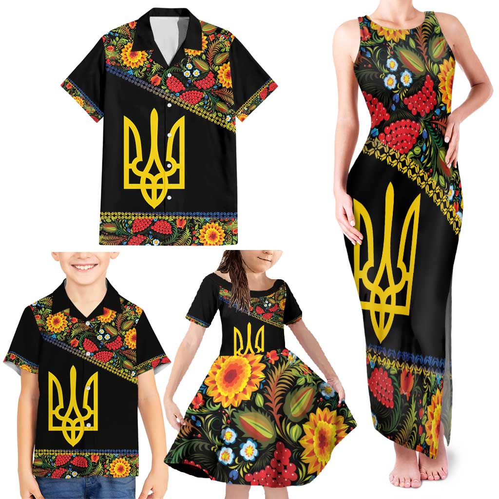 Petrykivka Ukrainian Folk Pattern Family Matching Tank Maxi Dress and Hawaiian Shirt Golden Trident With Map