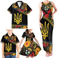 Petrykivka Ukrainian Folk Pattern Family Matching Tank Maxi Dress and Hawaiian Shirt Golden Trident With Map