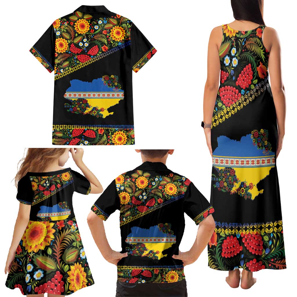 Petrykivka Ukrainian Folk Pattern Family Matching Tank Maxi Dress and Hawaiian Shirt Golden Trident With Map