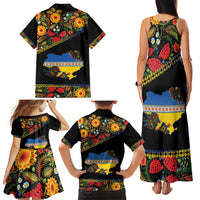 Petrykivka Ukrainian Folk Pattern Family Matching Tank Maxi Dress and Hawaiian Shirt Golden Trident With Map