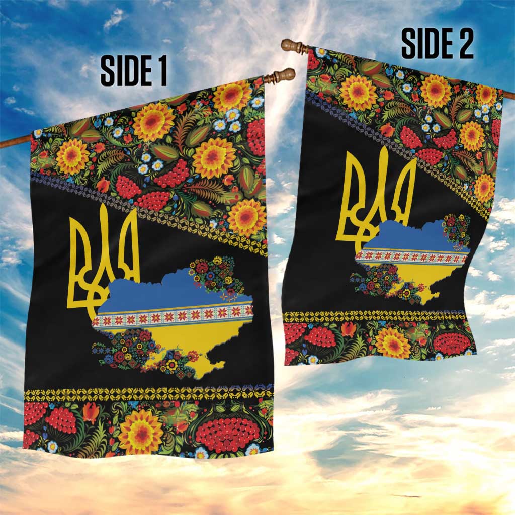 Petrykivka Ukrainian Folk Pattern Garden Flag Golden Trident With Map