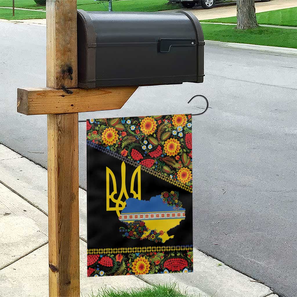 Petrykivka Ukrainian Folk Pattern Garden Flag Golden Trident With Map