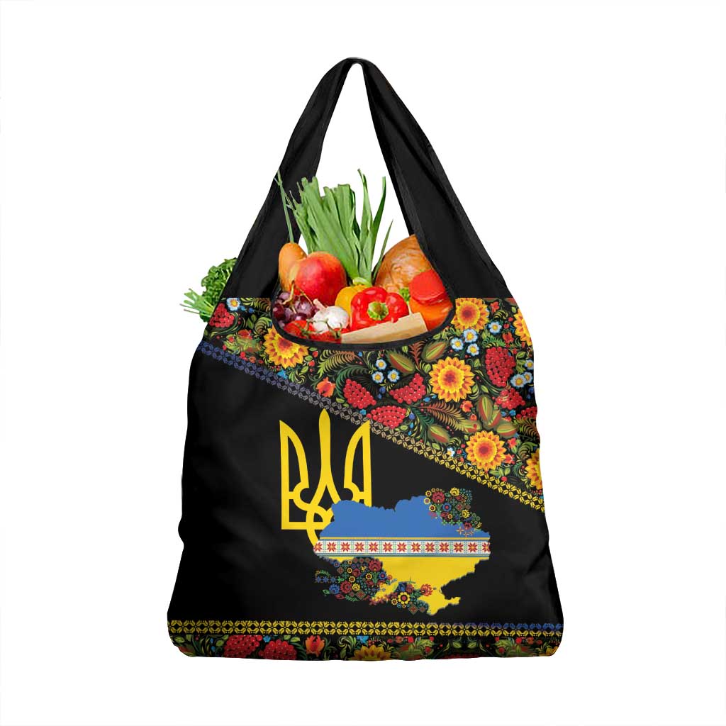 Petrykivka Ukrainian Folk Pattern Grocery Bag Golden Trident With Map