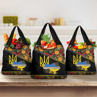 Petrykivka Ukrainian Folk Pattern Grocery Bag Golden Trident With Map