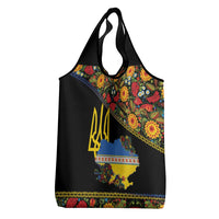 Petrykivka Ukrainian Folk Pattern Grocery Bag Golden Trident With Map