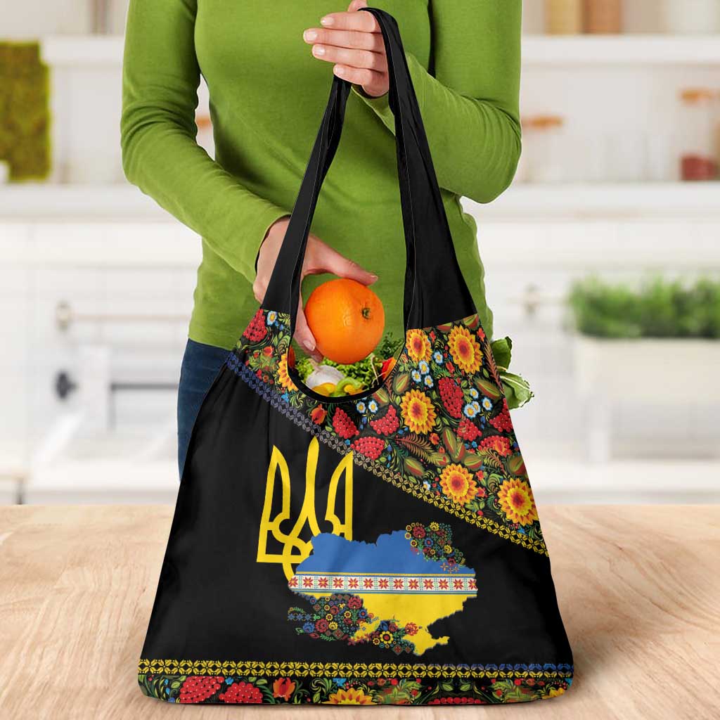 Petrykivka Ukrainian Folk Pattern Grocery Bag Golden Trident With Map
