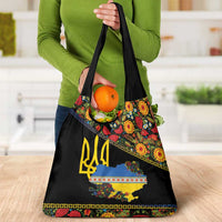 Petrykivka Ukrainian Folk Pattern Grocery Bag Golden Trident With Map