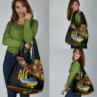 Petrykivka Ukrainian Folk Pattern Grocery Bag Golden Trident With Map