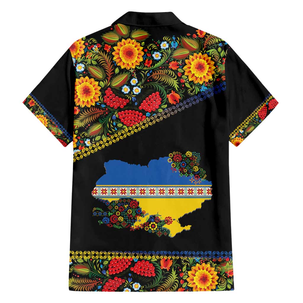 Petrykivka Ukrainian Folk Pattern Hawaiian Shirt Golden Trident With Map