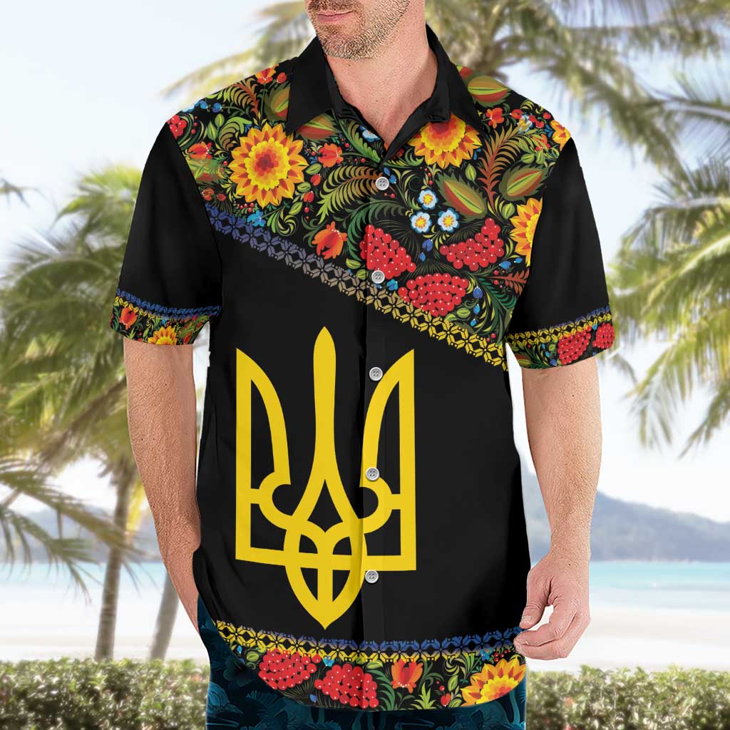 Petrykivka Ukrainian Folk Pattern Hawaiian Shirt Golden Trident With Map