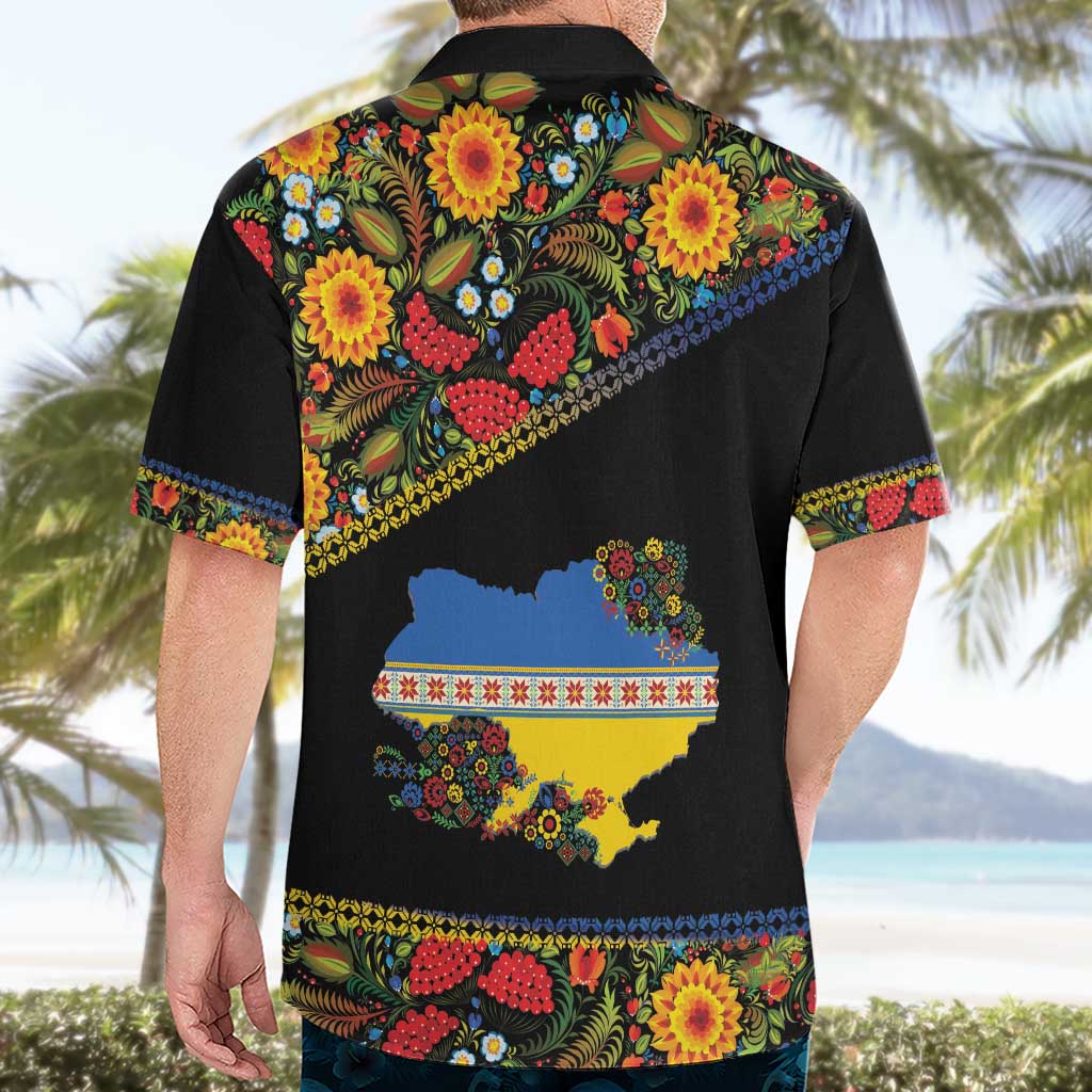 Petrykivka Ukrainian Folk Pattern Hawaiian Shirt Golden Trident With Map