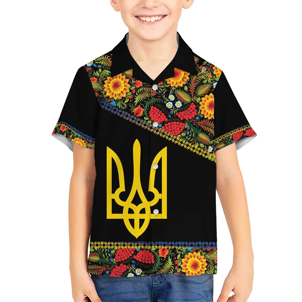 Petrykivka Ukrainian Folk Pattern Hawaiian Shirt Golden Trident With Map