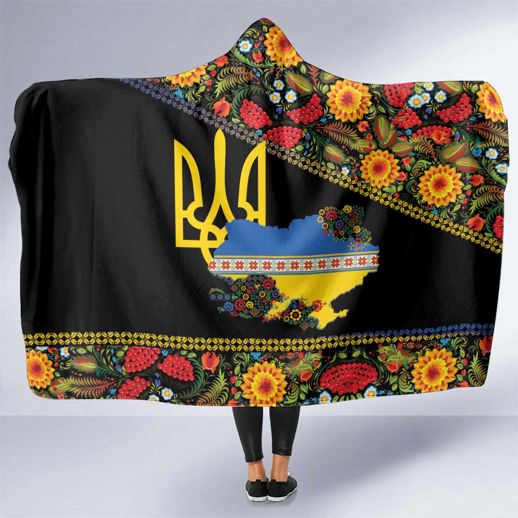 Petrykivka Ukrainian Folk Pattern Hooded Blanket Golden Trident With Map