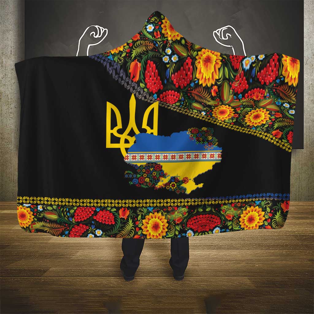 Petrykivka Ukrainian Folk Pattern Hooded Blanket Golden Trident With Map
