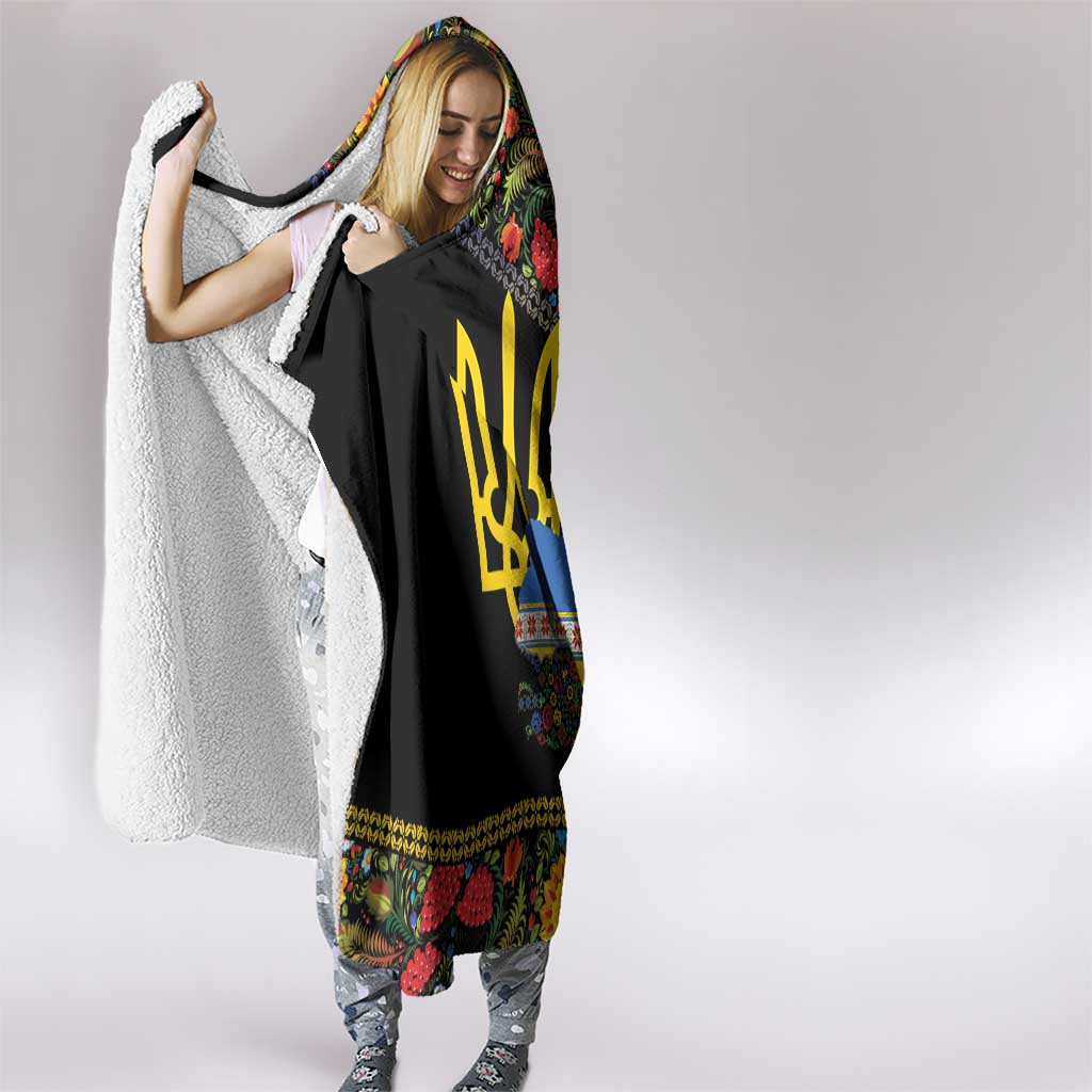 Petrykivka Ukrainian Folk Pattern Hooded Blanket Golden Trident With Map