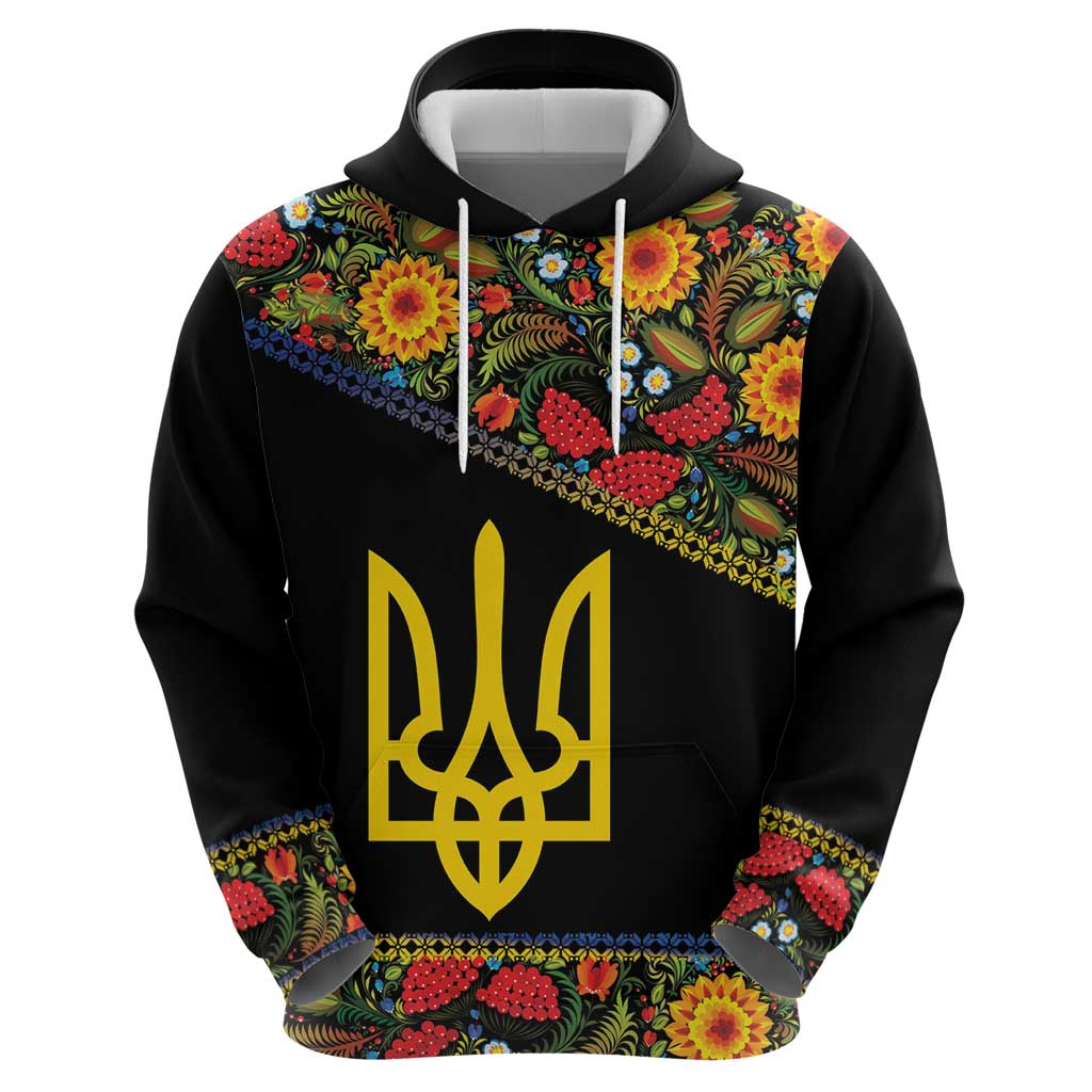Petrykivka Ukrainian Folk Pattern Hoodie Golden Trident With Map