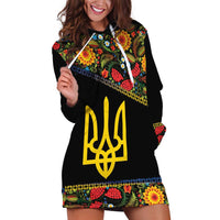 Petrykivka Ukrainian Folk Pattern Hoodie Dress Golden Trident With Map