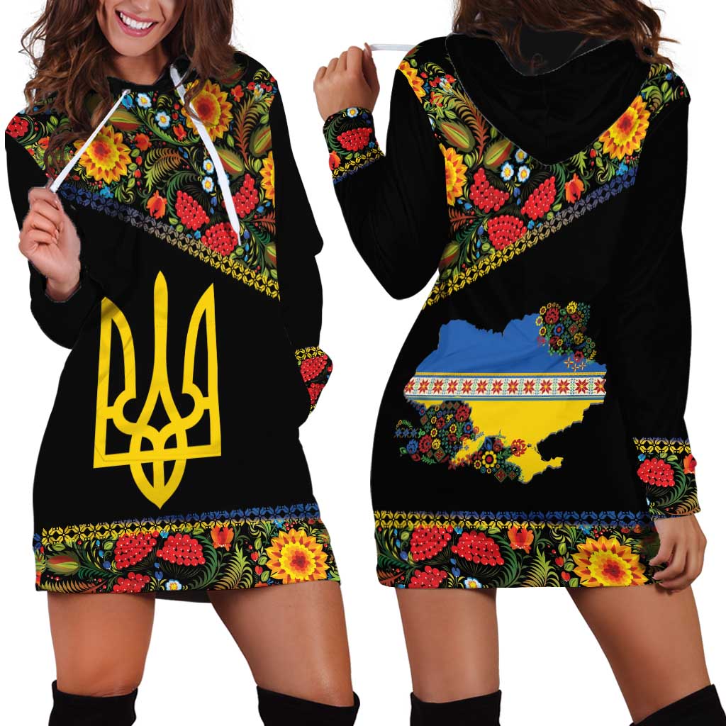 Petrykivka Ukrainian Folk Pattern Hoodie Dress Golden Trident With Map