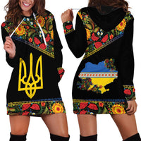 Petrykivka Ukrainian Folk Pattern Hoodie Dress Golden Trident With Map