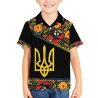 Petrykivka Ukrainian Folk Pattern Kid Hawaiian Shirt Golden Trident With Map