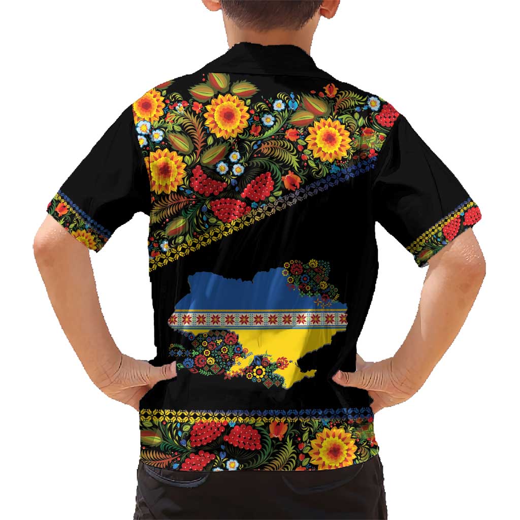 Petrykivka Ukrainian Folk Pattern Kid Hawaiian Shirt Golden Trident With Map