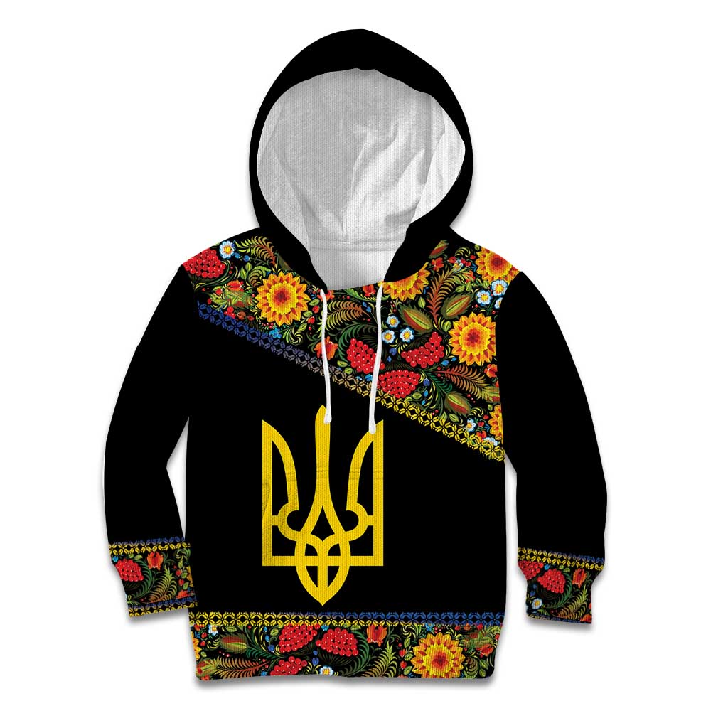 Petrykivka Ukrainian Folk Pattern Kid Hoodie Golden Trident With Map