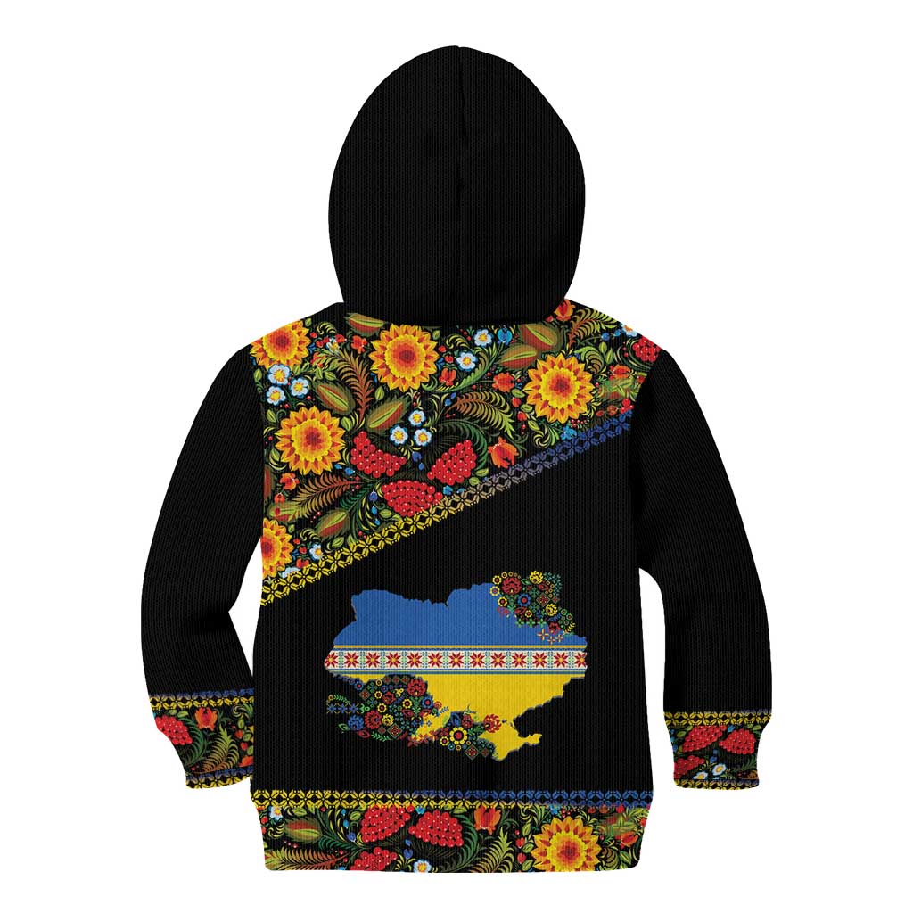 Petrykivka Ukrainian Folk Pattern Kid Hoodie Golden Trident With Map