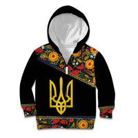 Petrykivka Ukrainian Folk Pattern Kid Hoodie Golden Trident With Map