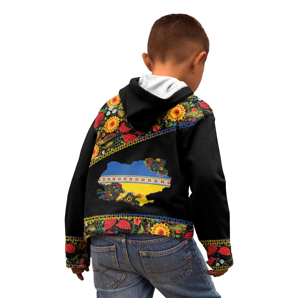 Petrykivka Ukrainian Folk Pattern Kid Hoodie Golden Trident With Map