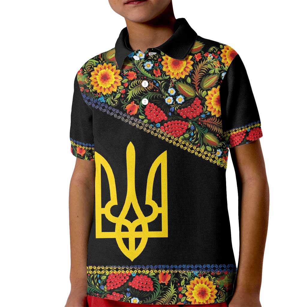 Petrykivka Ukrainian Folk Pattern Kid Polo Shirt Golden Trident With Map