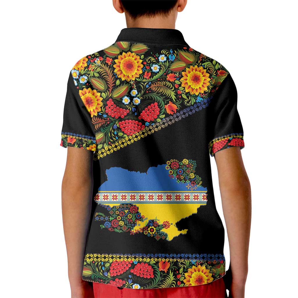 Petrykivka Ukrainian Folk Pattern Kid Polo Shirt Golden Trident With Map