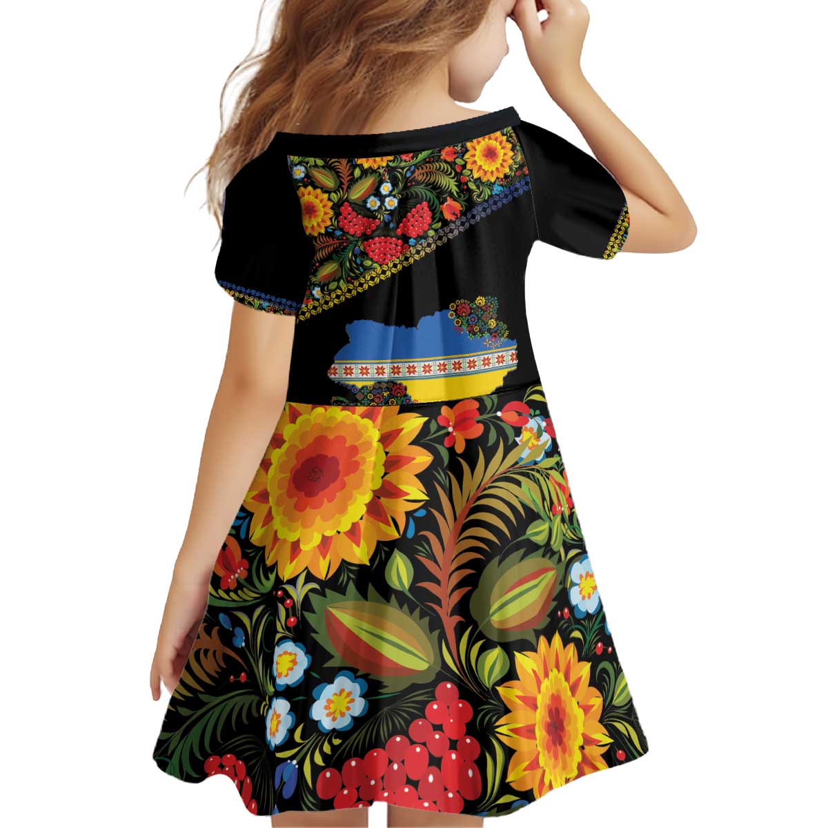 Petrykivka Ukrainian Folk Pattern Kid Short Sleeve Dress Golden Trident With Map