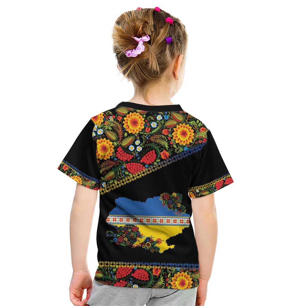 Petrykivka Ukrainian Folk Pattern Kid T Shirt Golden Trident With Map