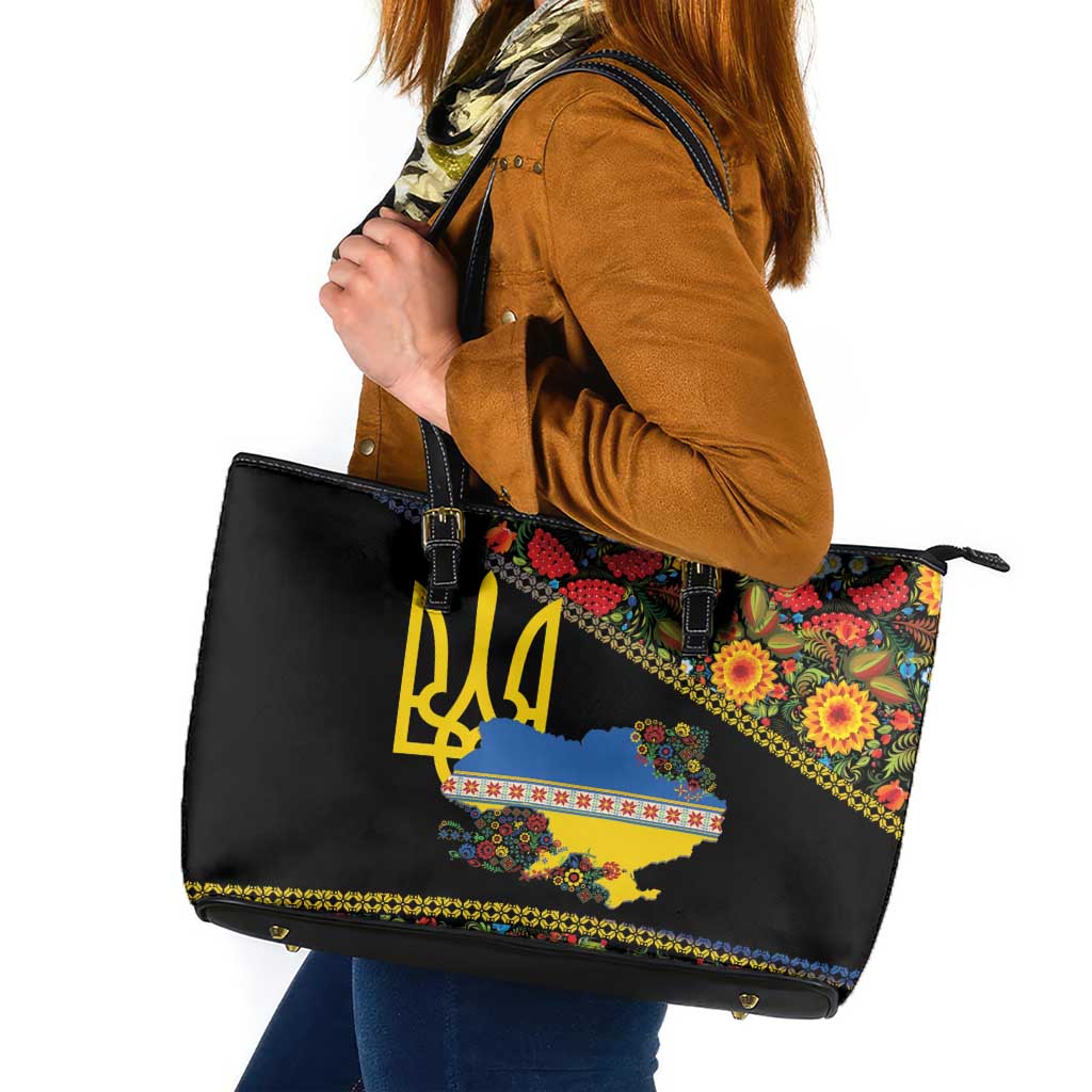 Petrykivka Ukrainian Folk Pattern Leather Tote Bag Golden Trident With Map