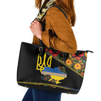 Petrykivka Ukrainian Folk Pattern Leather Tote Bag Golden Trident With Map